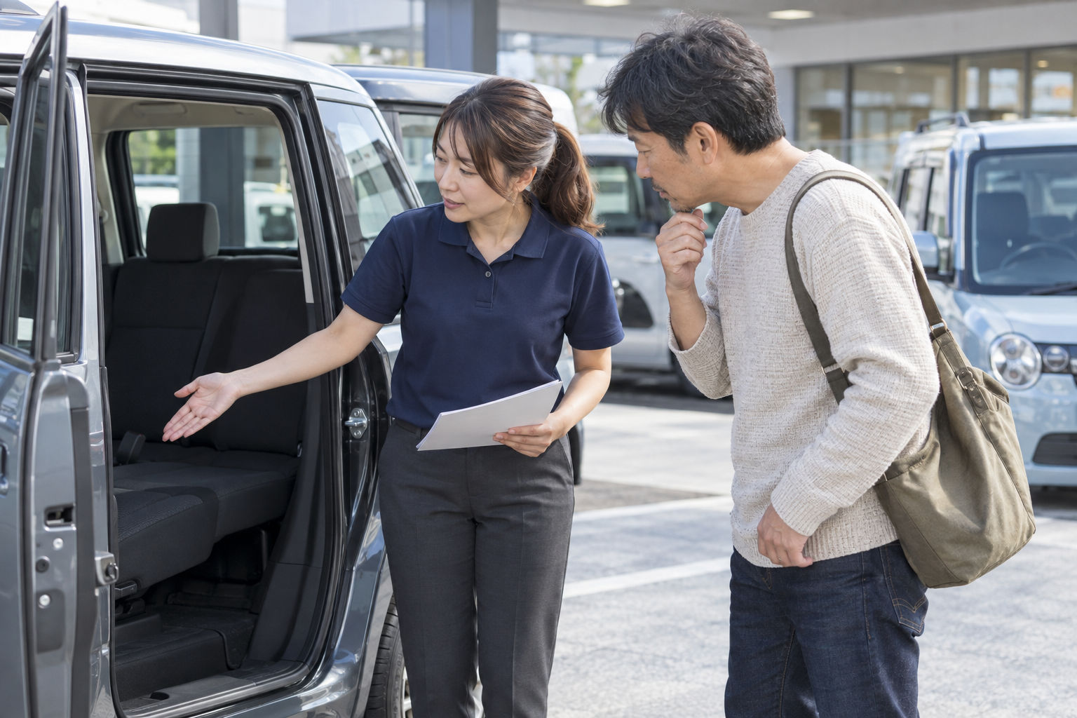 販売スタッフがお客様に車内を説明場面の生成イメージ