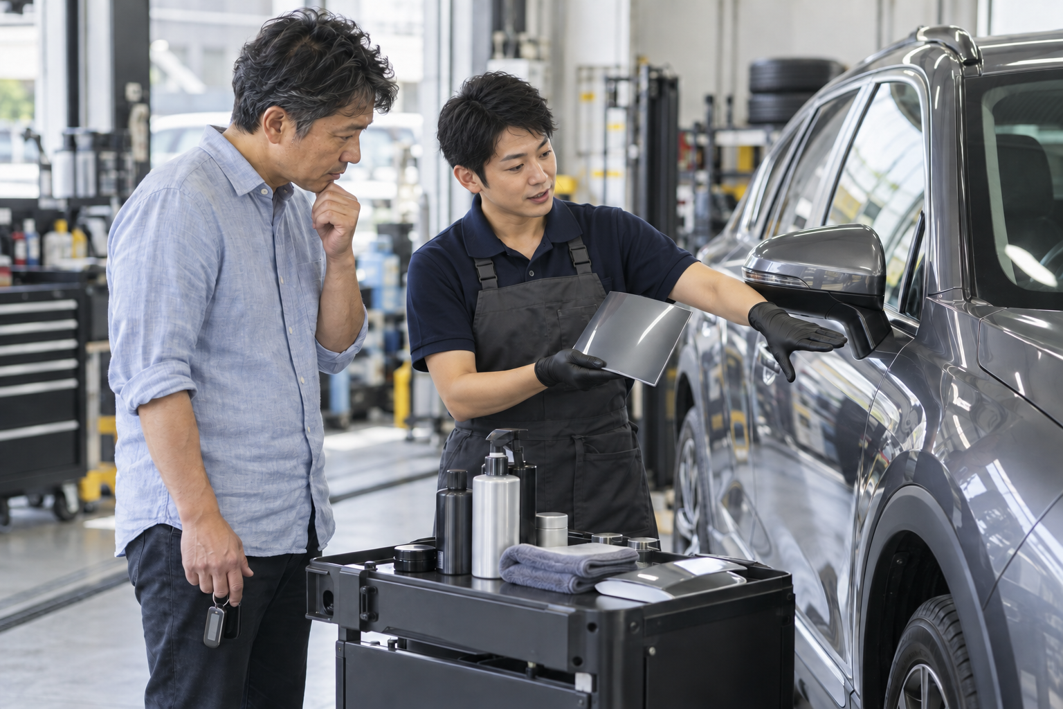 施工スタッフがお客様にコーティング見本を案内場面の生成イメージ