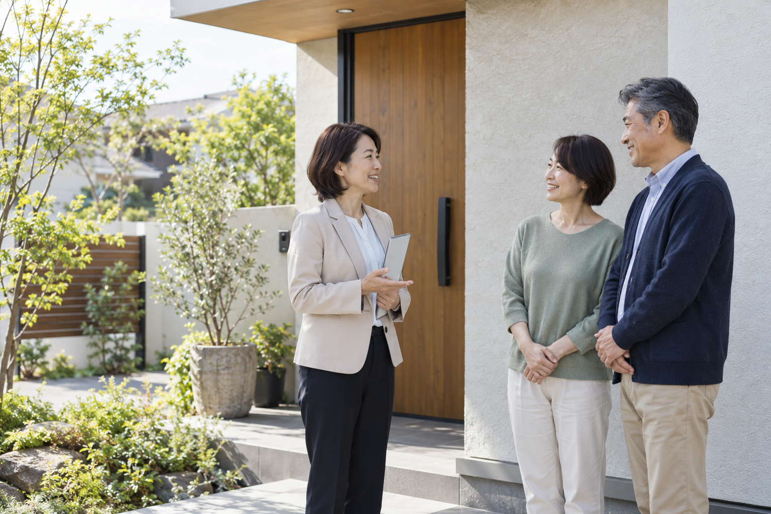 引渡し後の住まいで担当者と住宅オーナーが相談するイメージ