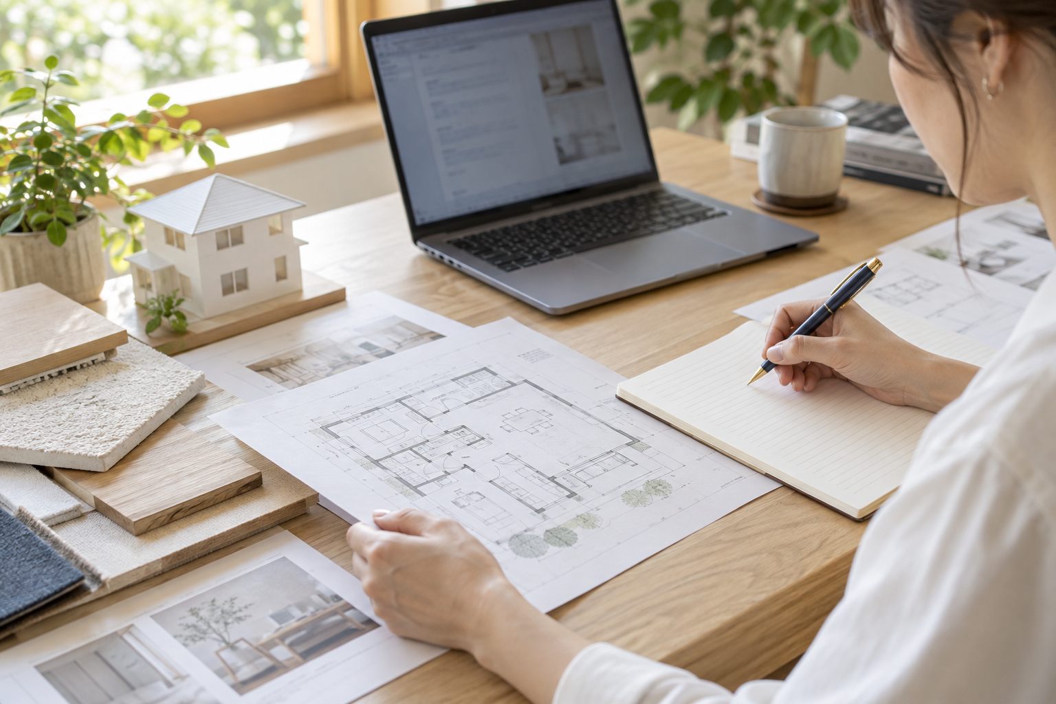 住宅の図面と商談メモから次の案内を準備する場面のイメージ